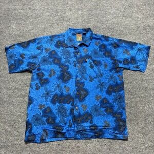 Pineapple Connection Mens Button Up Shirt Size XL Blue Floral Rayon Short Sleeve